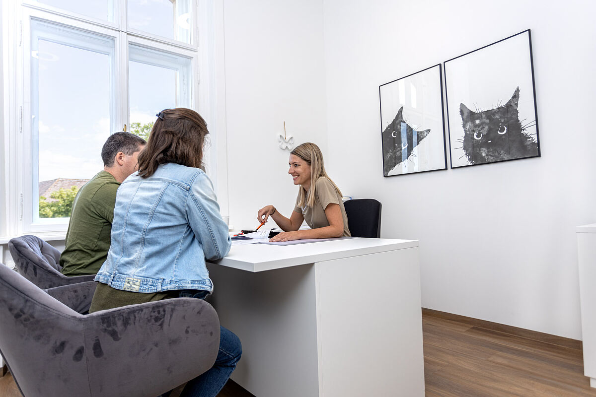 Assistentin mit Paar im Gespräch