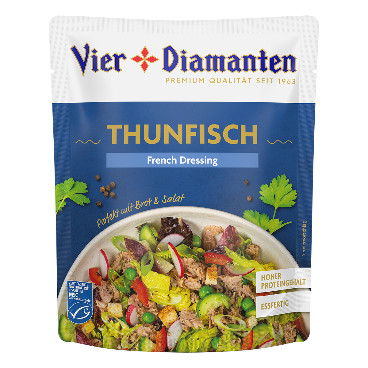 Die Vier Diamanten Toppings gibt es ab sofort in vier schmackhaften Sorten im Handel: French Dressing, Getrocknete Tomaten, Puttanesca und Rotes Curry