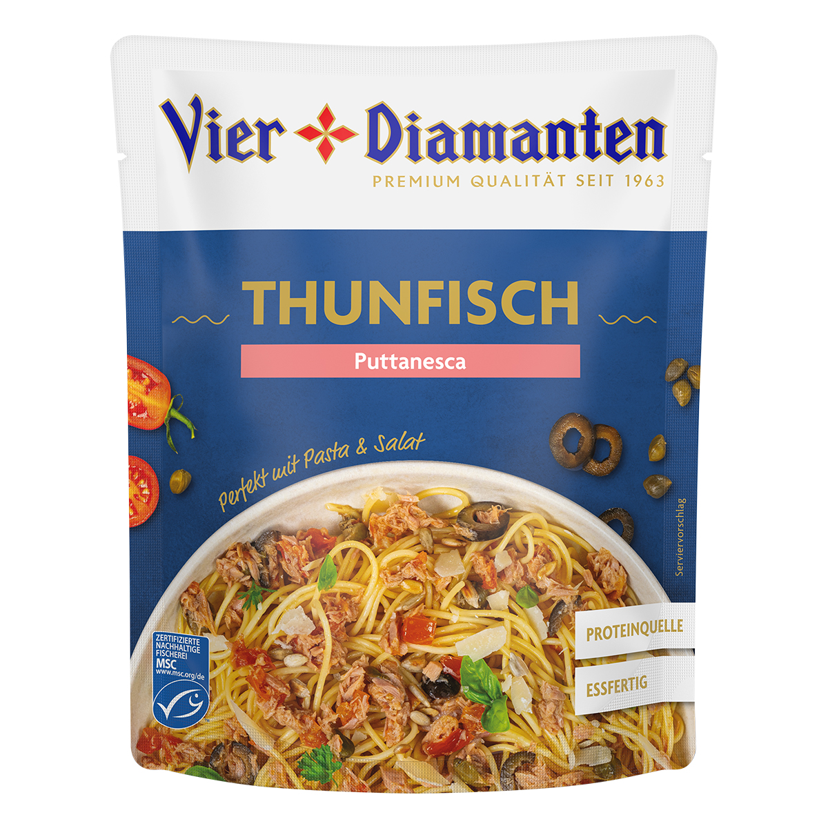 Die Vier Diamanten Toppings gibt es ab sofort in vier schmackhaften Sorten im Handel: French Dressing, Getrocknete Tomaten, Puttanesca und Rotes Curry